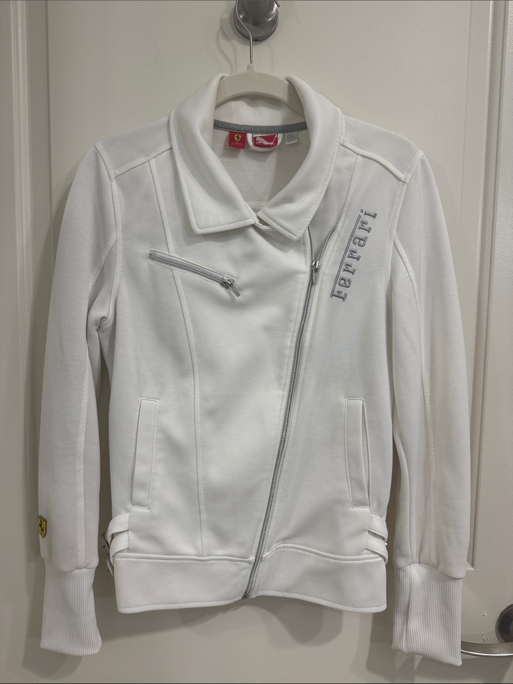 Ferrari Official Product White Asymmetric Zip Bomber Jacket with silver accents